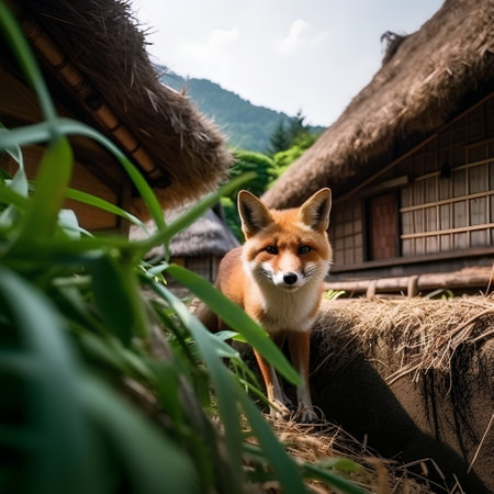 Red fox in the garden of a traditional village in south koreaの素材