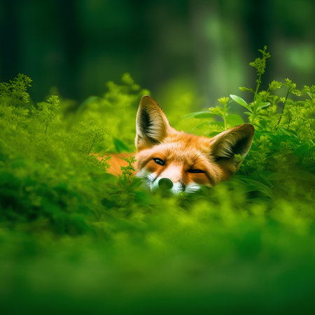 Portrait of a red fox lying in the grass in the forestの素材