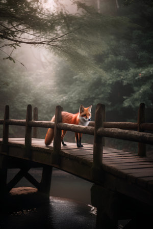 red fox on the wooden bridge in the forest, vintage tone.の素材