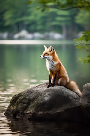 Red fox sitting on a rock by the lake in the forest.の素材