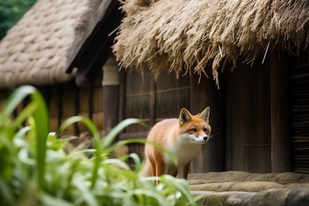 Red fox standing in front of a thatched cottage in South Koreaの素材