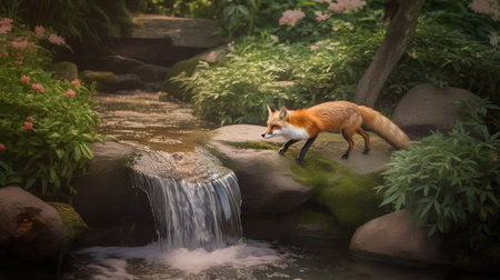 Red fox playing in the garden with water stream in the background.の素材