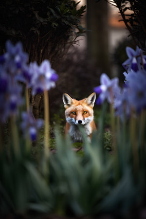 Red fox in the garden with purple hyacinths in the backgroundの素材