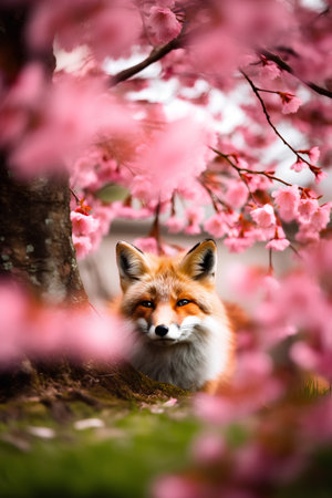 Red fox in front of a blooming sakura tree in springの素材