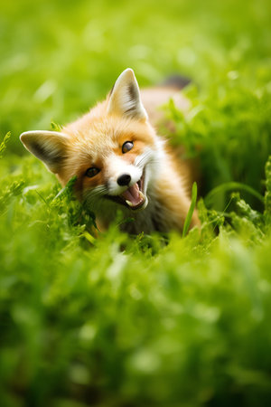 Red fox in the grass. Beautiful portrait of a cute red fox.の素材