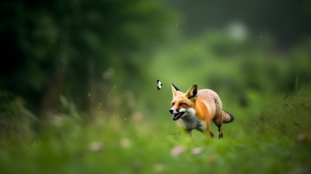 Red fox in the green grass in the forest. Wild animal.の素材