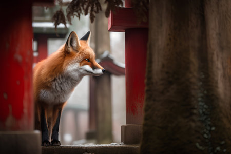 Red fox in chinese temple, Kyoto, Japan. (Vulpes vulpes)の素材