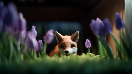 Cute little fox in the garden with purple crocus flowers.の素材
