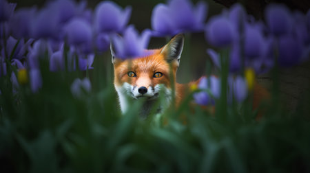 Red fox in the garden with purple crocuses in the backgroundの素材