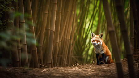 Red fox in the bamboo forest. Wildlife scene from wild nature.の素材