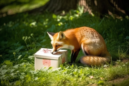Red fox with a gift box in the forest on a sunny dayの素材