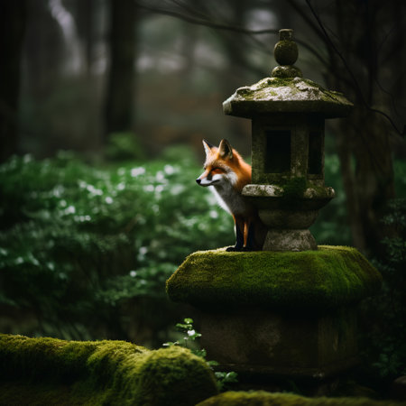 Cute red fox standing in front of a lantern in the forestの素材