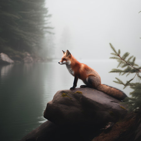 Red fox sitting on a rock by the lake in the fog.の素材