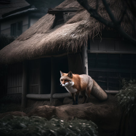Red fox in front of a thatched house. Toned.の素材