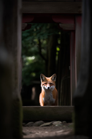red fox sitting in front of a wooden gate in a Japanese templeの素材