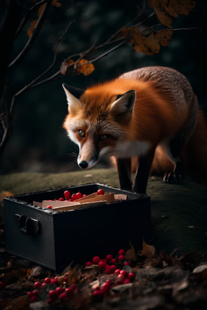 Red fox in a box with berries on a dark forest background.の素材