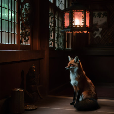 Red fox in the interior of a room with a glowing lamp.の素材