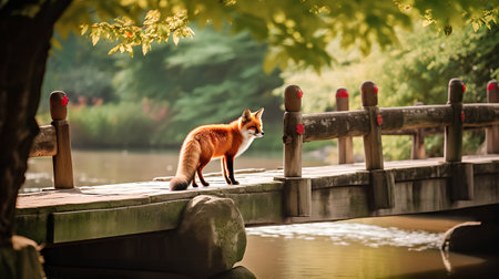 Red fox standing on a wooden bridge in the park and looking at the cameraの素材