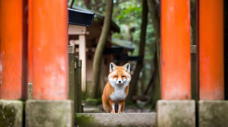 Red fox at the red torii gate of Fushimi Inari Shrine in Kyoto, Japanの素材