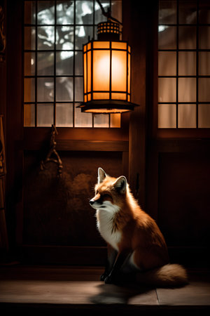 Red fox sitting in front of a lamp in a Japanese temple.の素材