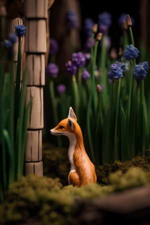 Cute red fox figurine in garden with blue hyacinthsの素材