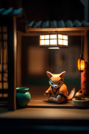 Close up of a fox toy in a Japanese temple. Selective focus.の素材