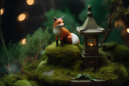 Christmas decoration with red fox and lantern on green moss with bokeh backgroundの素材