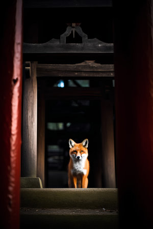 Red fox in a japanese temple in the evening light.の素材