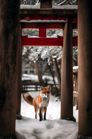 Red fox standing in front of a red torii gate in winterの素材