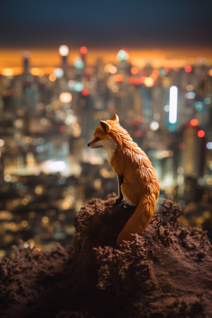 Miniature fox standing on top of a hill and looking at the city.の素材