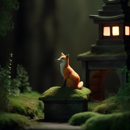 Red fox in the garden with lanterns and green moss at nightの素材