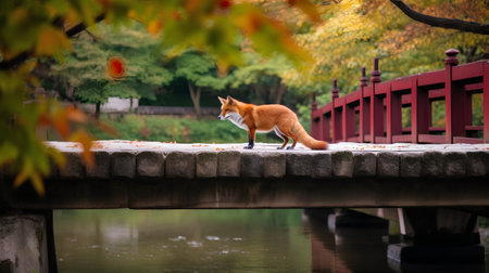 Red fox standing on the bridge in the park at autumn season.の素材