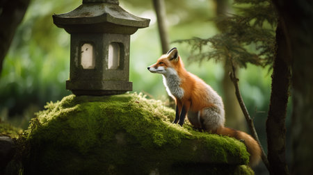 Red fox standing on a stone in the garden with lantern in the backgroundの素材