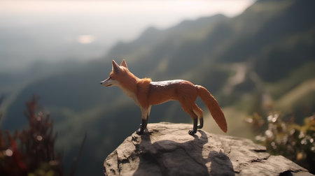 Red fox stands on top of the mountain and looks at the valleyの素材