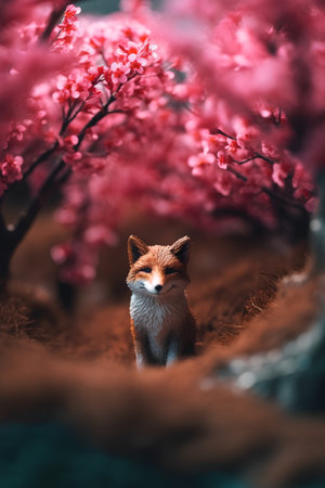 Cute little fox in the forest with sakura blossom backgroundの素材