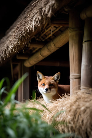 Portrait of a red fox in a bamboo house, Thailand.の素材