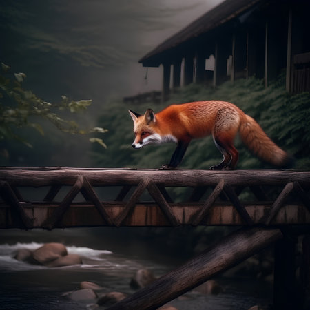 Red fox on the bridge in the forest,3d render.の素材