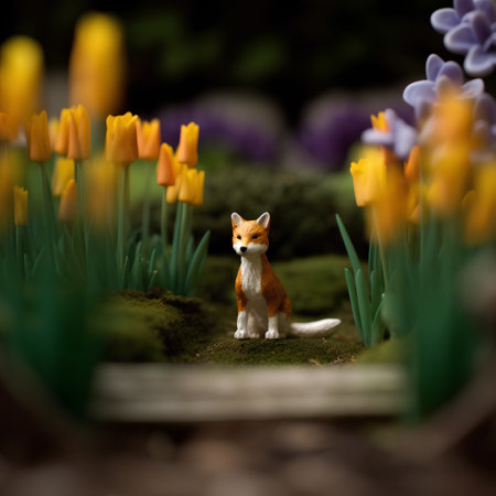 Little red cat in the garden with yellow tulips. Selective focus.の素材