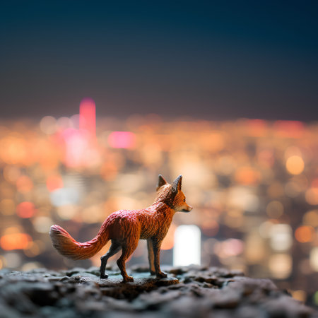 Miniature fox standing on the rock with cityscape background at nightの素材