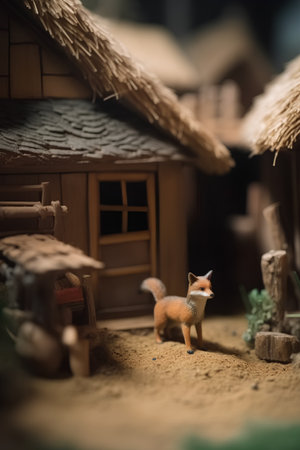 Miniature figure of fox standing in front of a wooden house.の素材