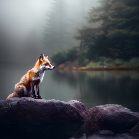 Red fox sitting on a stone by the lake in the fog.の素材