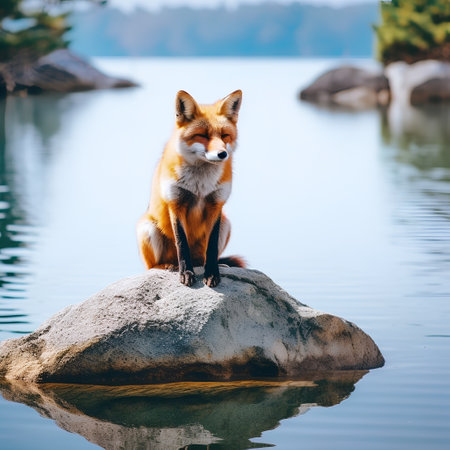 Red fox sitting on a rock in the lake. Portrait of a wild animal.の素材