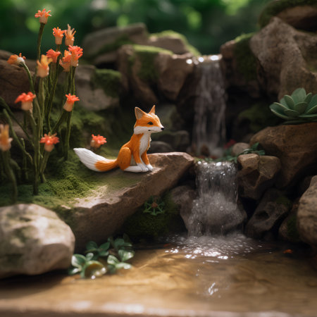 Little red fox in the garden with a waterfall on the background.の素材