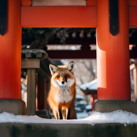 Red fox standing at the red torii gate in Kyoto, Japanの素材