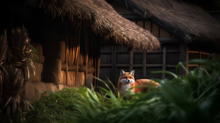 Red fox in front of thatched hut in the garden at nightの素材