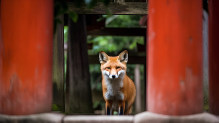 Portrait of a red fox in a Japanese temple. Selective focus.の素材