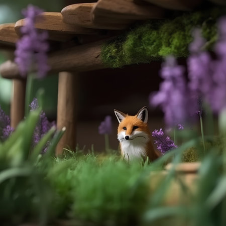 Cute little fox in the garden with spring flowers on the backgroundの素材
