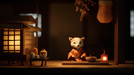 Japanese zodiac rat with lanterns and candles in the background.の素材