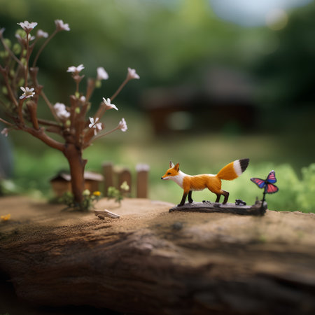 Miniature people: fox and butterfly on a tree in the gardenの素材