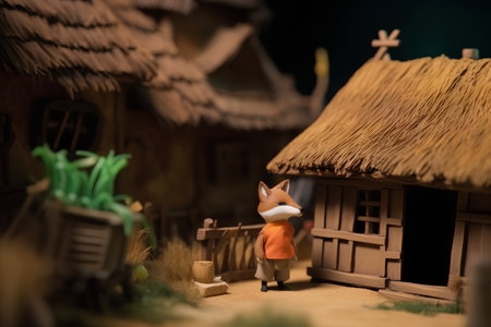 Miniature people: Little fox and a wooden house with thatched roofの素材